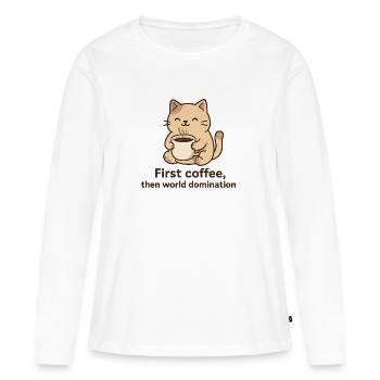 Katze mit Kaffeetasse und Phrase - Frauen Premium Bio Langarmshirt - Weiß - Vorne - Julia (174cm)
