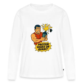 Lustiger Fitness-Cartoon – Proteinshake oder Quake - Frauen Premium Bio Langarmshirt - Weiß - Vorne - Julia (174cm)