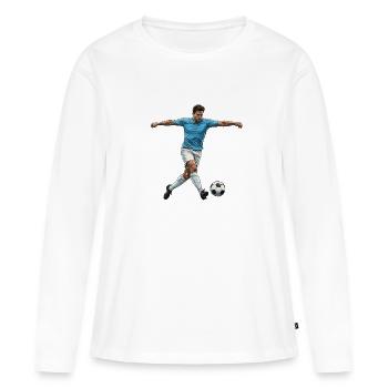 fussballspieler-blau-trikot-torschuss-comic-sti - Frauen Premium Bio Langarmshirt - Weiß - Vorne - Julia (174cm)