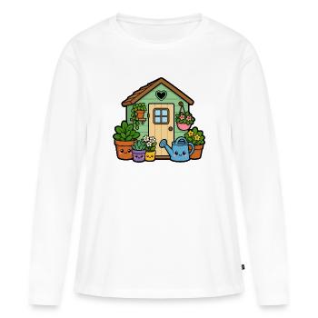 Petit abri de jardin avec des plantes - T-shirt manches longues Premium bio Femme - blanc - Devant - Julia (174cm)