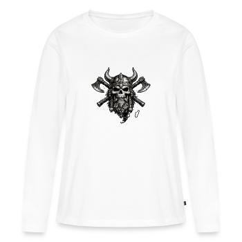 Crête de crâne viking avec haches - T-shirt manches longues Premium bio Femme - blanc - Devant - Julia (174cm)