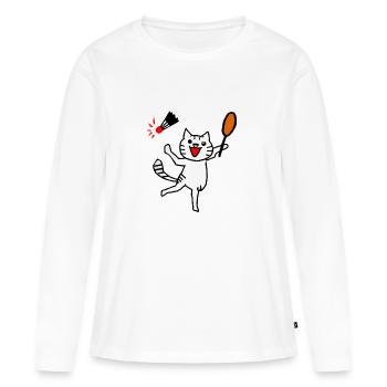Un chat excité joue au badminton - T-shirt manches longues Premium bio Femme - blanc - Devant - Julia (174cm)