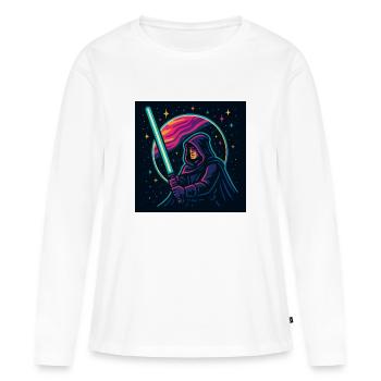 T-Shirt mit einem neonfarbenen Ritter auf dem Hintergrund des Weltraums - Frauen Premium Bio Langarmshirt - Weiß - Vorne - Julia (174cm)