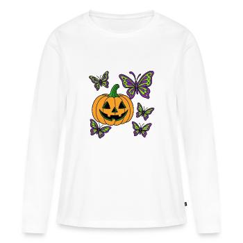 Halloween Kuerbis und lila Schmetterlinge - Frauen Premium Bio Langarmshirt - Weiß - Vorne - Julia (174cm)