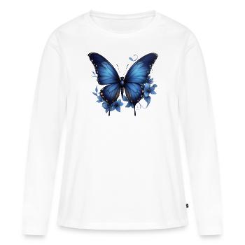 Eleganz des Himmels: Blauer Schmetterling - Frauen Premium Bio Langarmshirt - Weiß - Vorne - Julia (174cm)