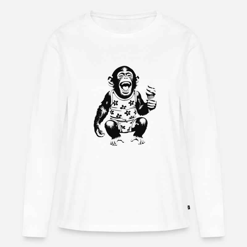 Lachendes Äffchen mit Eis - Frauen Premium Bio Langarmshirt - Weiß
