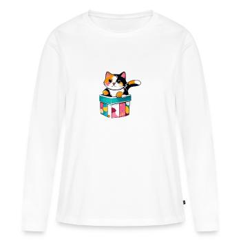 "Un chat curieux dans une boîte, - Frauen Premium Bio Langarmshirt - Weiß - Vorne - Julia (174cm)