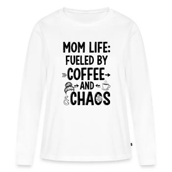 La vie de mère : portée par le café et le chaos - T-shirt manches longues Premium bio Femme - blanc - Devant - Julia (174cm)