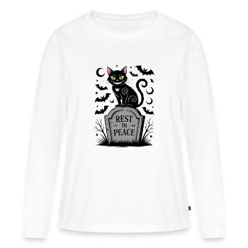 Un chat noir sur la pierre tombale de Repose en paix - T-shirt manches longues Premium bio Femme - blanc - Devant - Julia (174cm)