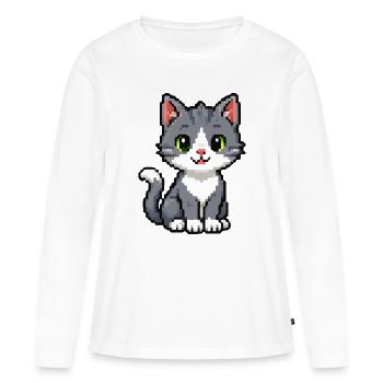 Pixel Chaton Chat Gris - T-shirt manches longues Premium bio Femme - blanc - Devant - Julia (174cm)