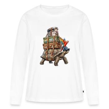 Tortue voyageant avec chat et perroquet - T-shirt manches longues Premium bio Femme - blanc - Devant - Julia (174cm)