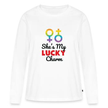Sie ist mein Glücksbringer LGBTQ Regenbogen-Stolz-T-Shirt - Frauen Premium Bio Langarmshirt - Weiß - Vorne - Julia (174cm)