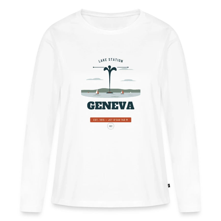 Geneva badge on a women's premium organic long sleeve shirt, white