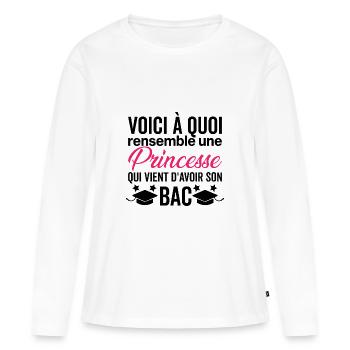 Félicitations Bac 2025 Humour - T-shirt manches longues Premium bio Femme - blanc - Devant - Julia (174cm)