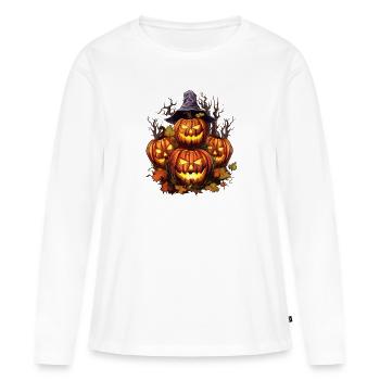 Horde de citrouilles d’Halloween effrayantes aux yeux brillants - T-shirt manches longues Premium bio Femme - blanc - Devant - Julia (174cm)