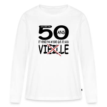 50 ans / anniversaire 50 ans / cadeau 50 ans - T-shirt manches longues Premium bio Femme - blanc - Devant - Julia (174cm)