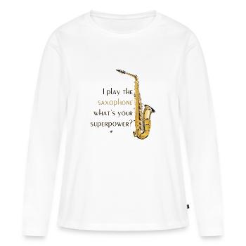 Illustration de saxophone avec inscription - T-shirt manches longues Premium bio Femme - blanc - Devant - Julia (174cm)