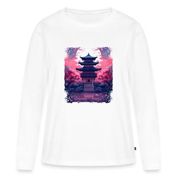 Arbre Sakura Vaporwave en fleur de cerisier dans un temple - T-shirt manches longues Premium bio Femme - blanc - Devant - Julia (174cm)