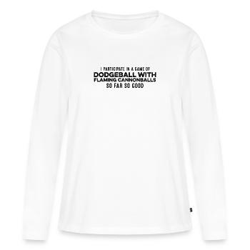 Je participe à une partie de ballon chasseur avec flaming - T-shirt manches longues Premium bio Femme - blanc - Devant - Julia (174cm)