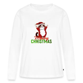 Meowy Christmas – Drôle de chat au Père Noël - T-shirt manches longues Premium bio Femme - blanc - Devant - Julia (174cm)