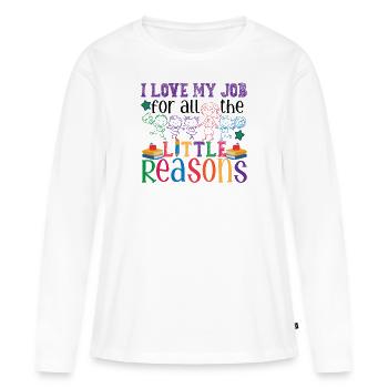 J’aime mon travail pour toutes les petites raisons - T-shirt manches longues Premium bio Femme - blanc - Devant - Julia (174cm)
