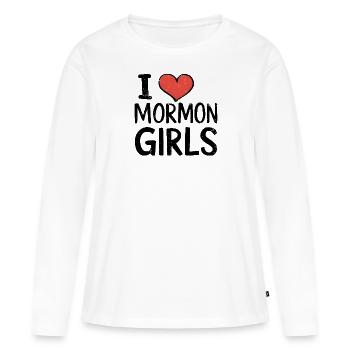 J’adore les filles mormones - T-shirt manches longues Premium bio Femme - blanc - Devant - Julia (174cm)