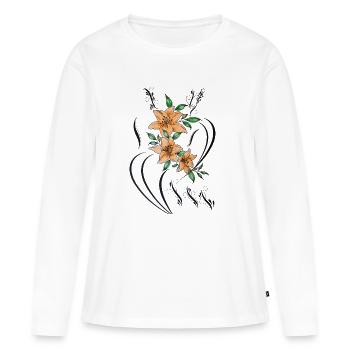 Orangene Lilien mit filigranen Zierlinien - Frauen Premium Bio Langarmshirt - Weiß - Vorne - Julia (174cm)
