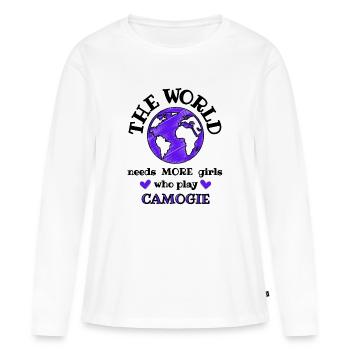 Le monde a besoin de plus de filles qui jouent au camogie. - T-shirt manches longues Premium bio Femme - blanc - Devant - Julia (174cm)