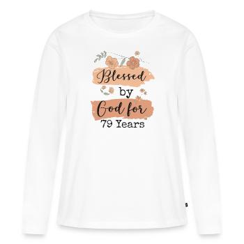 Anniversaire 79 Cadeau Citation Drôle - T-shirt manches longues Premium bio Femme - blanc - Devant - Julia (174cm)