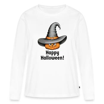 Joyeux Halloween Chapeau de citrouille Chapeau de sorcière - T-shirt manches longues Premium bio Femme - blanc - Devant - Julia (174cm)
