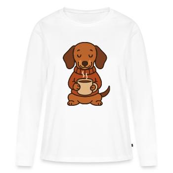Teckel mignon avec café – Amateur du café - T-shirt manches longues Premium bio Femme - blanc - Devant - Julia (174cm)