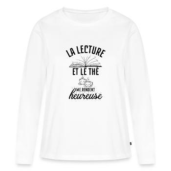 LA LECTURE et le thé me rendent heureuse 1 - T-shirt manches longues Premium bio Femme - blanc - Devant - Julia (174cm)