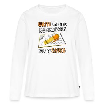 NOTIZBLOCK SCHREIBE MOMENT GESPEICHERT - Frauen Premium Bio Langarmshirt - Weiß - Vorne - Julia (174cm)