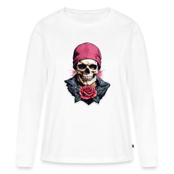 Tête de mort et os croisés avec rose - T-shirt manches longues Premium bio Femme - blanc - Devant - Julia (174cm)