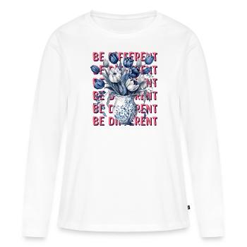 Soyez différent – Tulipes bleues et positivité - T-shirt manches longues Premium bio Femme - blanc - Devant - Julia (174cm)
