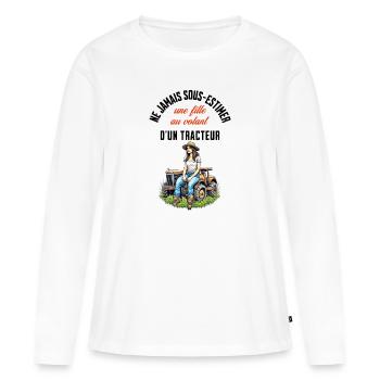Fille au volant d'un tracteur - T-shirt manches longues Premium bio Femme - blanc - Devant - Julia (174cm)