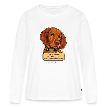 Chien Vizsla Mischief Drôle – Expression Créative - T-shirt manches longues Premium bio Femme - blanc - Devant - Julia (174cm)