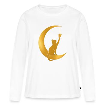 Lune Croissante d’Or avec un Chat - T-shirt manches longues Premium bio Femme - blanc - Devant - Julia (174cm)