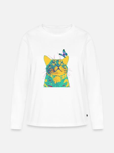 butterfly loves the cat - Frauen Premium Bio Langarmshirt - Weiß