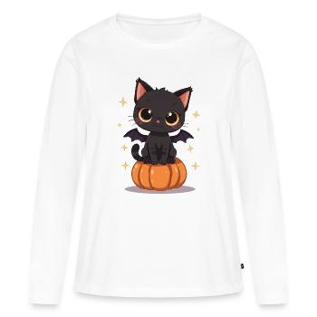 Cute Black Cat with Bat Wings Pumpkin - Women's Premium Organic Long Sleeve Shirt - white - Front - Julia (174cm)
