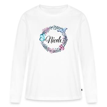 Nicole, nom, lettrage, couronne de fleurs, cadeau - T-shirt manches longues Premium bio Femme - blanc - Devant - Julia (174cm)