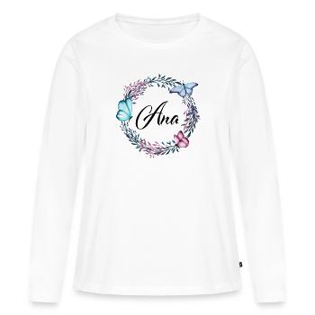 Ana, nom, lettrage, couronne de fleurs, cadeau - T-shirt manches longues Premium bio Femme - blanc - Devant - Julia (174cm)