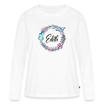 Edith, Name, Schriftzug, Blumenkranz, Geschenk - Frauen Premium Bio Langarmshirt - Weiß - Vorne - Julia (174cm)