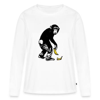 Singe graphique avec banane glisse dans le pantalon - T-shirt manches longues Premium bio Femme - blanc - Devant - Julia (174cm)