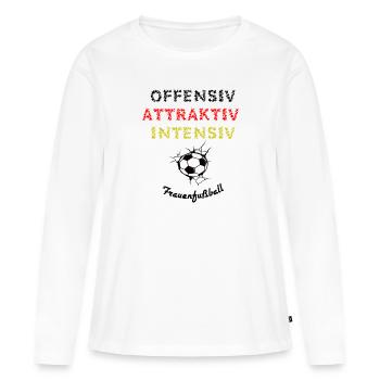 Frauenfußball- offensiv, attraktiv, und intensiv - Frauen Premium Bio Langarmshirt - Weiß - Vorne - Julia (174cm)