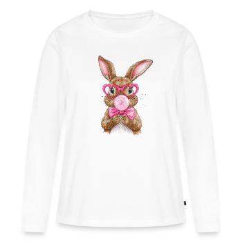 Pinker Osterhase mit Kaugummi, lustiges Ostershirt - Frauen Premium Bio Langarmshirt - Weiß - Vorne - Julia (174cm)