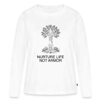 Nurture Life Not Armor – Anti-Kriegs-Friedensbaum - Frauen Premium Bio Langarmshirt - Weiß - Vorne - Julia (174cm)
