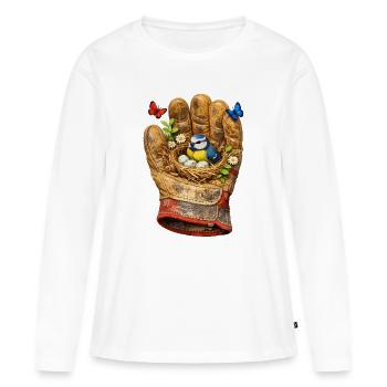 Nest im Handschuh mit Vogel und Blumen - Frauen Premium Bio Langarmshirt - Weiß - Vorne - Julia (174cm)