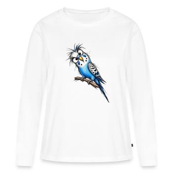 Dessin animé de Perruche Bleue sur la branche - T-shirt manches longues Premium bio Femme - blanc - Devant - Julia (174cm)