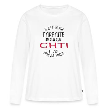 Pas parfaite mais chti - T-shirt manches longues Premium bio Femme - blanc - Devant - Julia (174cm)